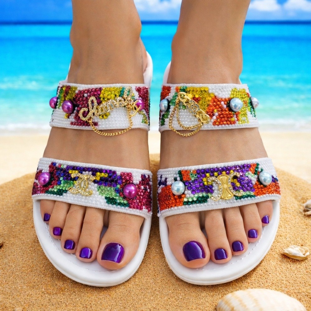 Shoes Sandals Two Straps White/Multi‎ (W-9) Rhinestone Custom made Designs